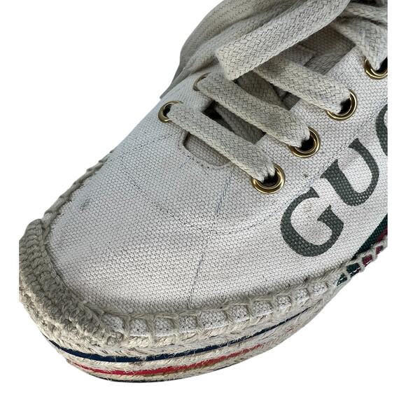 Gucci Cream Lace Up Canvas Logo Platform Espadrilles - Picture 11 of 16